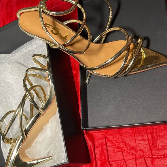 Gold Strappy Heels Pointed Toe Heels Heel Sandals For Women - Picture 2 of 10